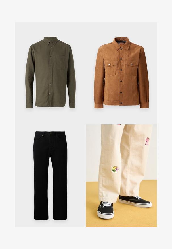 Chaqueta de ante marrón con cuello clásico, dos bolsillos en el pecho, cierre delantero de botones y mangas largas con puños abotonados.; Camisa de botones verde oliva, de mangas largas, con pequeño cuello, un bolsillo en el pecho, tela texturizada, cierre frontal de botones.; Pantalones vaqueros de mezclilla negra con diseño de pierna recta, estilo de cinco bolsillos, cierre frontal con botón y detalles de costura sutiles.; Pantalones de algodón beige con divertidos diseños bordados que incluyen un personaje rosa y un bloque de color, combinados con zapatillas negras de cordones.