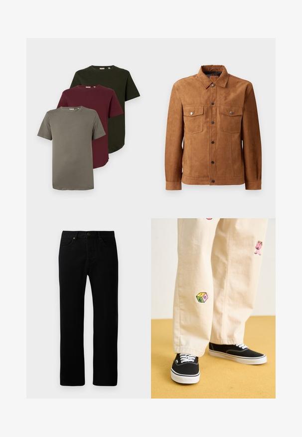 Corta-vento em camurça castanha com colarinho clássico, dois bolsos no peito, fecho de botão à frente e mangas longas com punhos com botão.; Três t-shirts de manga curta em verde oliva, burgundy e cinza, feitas de algodão macio, com gola redonda e um corte descontraído.; Calças de ganga pretas com um design de perna reta, estilo de cinco bolsos, fecho frontal com botão e detalhes de costura subtis.; Calças de algodão bege com desenhos bordados divertidos, incluindo uma personagem rosa e um bloco colorido, combinadas com sapatilhas pretas de atacadores.