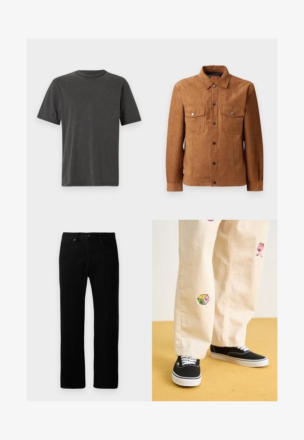 Chaqueta de ante marrón con cuello clásico, dos bolsillos en el pecho, cierre delantero de botones y mangas largas con puños abotonados.; Camiseta de manga corta gris oscuro con cuello redondo, hecha de suave tela de algodón, que presenta un sutil detalle de costura a lo largo de los bordes.; Pantalones vaqueros de mezclilla negra con diseño de pierna recta, estilo de cinco bolsillos, cierre frontal con botón y detalles de costura sutiles.; Pantalones de algodón beige con divertidos diseños bordados que incluyen un personaje rosa y un bloque de color, combinados con zapatillas negras de cordones.