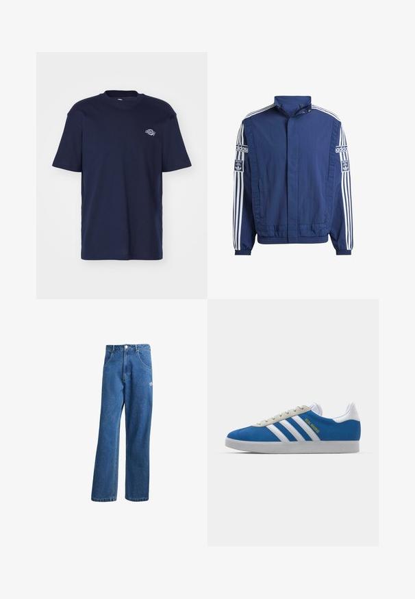 Navy blue jacket made of lightweight fabric, featuring a high collar, white stripes on sleeves, and prominent Adidas logos on both sides.; Navy cotton t-shirt with a crew neck, short sleeves, and a small printed logo on the left chest. Smooth texture and relaxed fit.; Blue high-waist wide-leg denim jeans with front pockets, belt loops, button closure, and small Adidas logo on the right thigh.; adidas Originals ADIDAS GAZELLE SHOES - Indoor football boots - real madrid/bluebird/footwear white/crew yellow