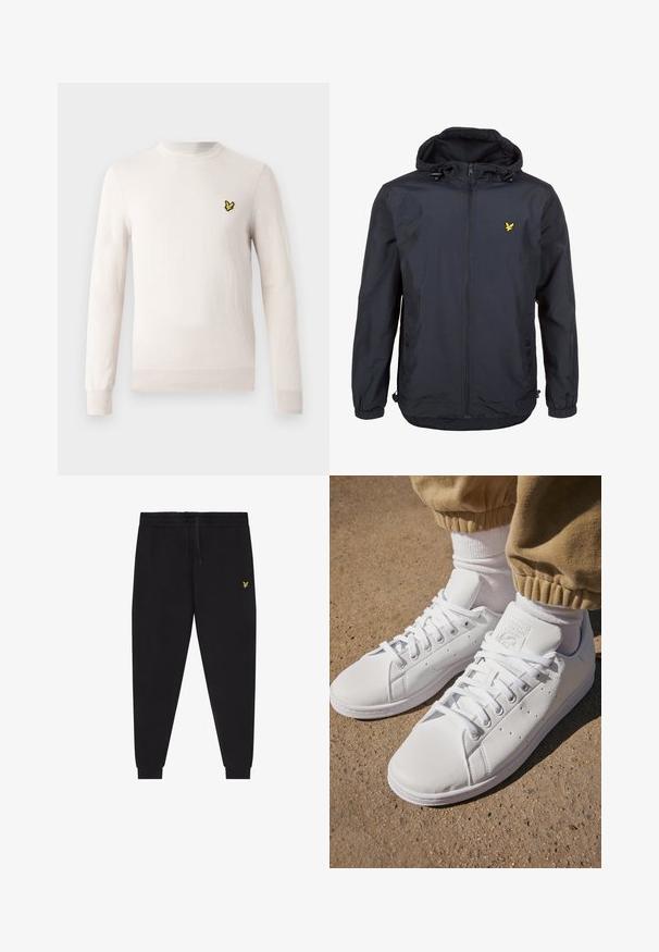 Lett, mørk marineblå jakke med hette, glidelåslukking, justerbare snorer og en liten gul logo på venstre bryst. Teksturert stoff.; Lys beige genser med lange ermer, rund hals og ribbet kant. Har en liten svart og gul brodert logo på brystet.; Svarte joggebukser med elastisk midjebånd og snor, smale ben med mansjetter og liten gul brodert logo på høyre lår.; Hvite lær sneakers med en glatt overflate, med et klassisk snøresystem, perforeringer for pusteevne, og en teksturert gummiyttersåle.