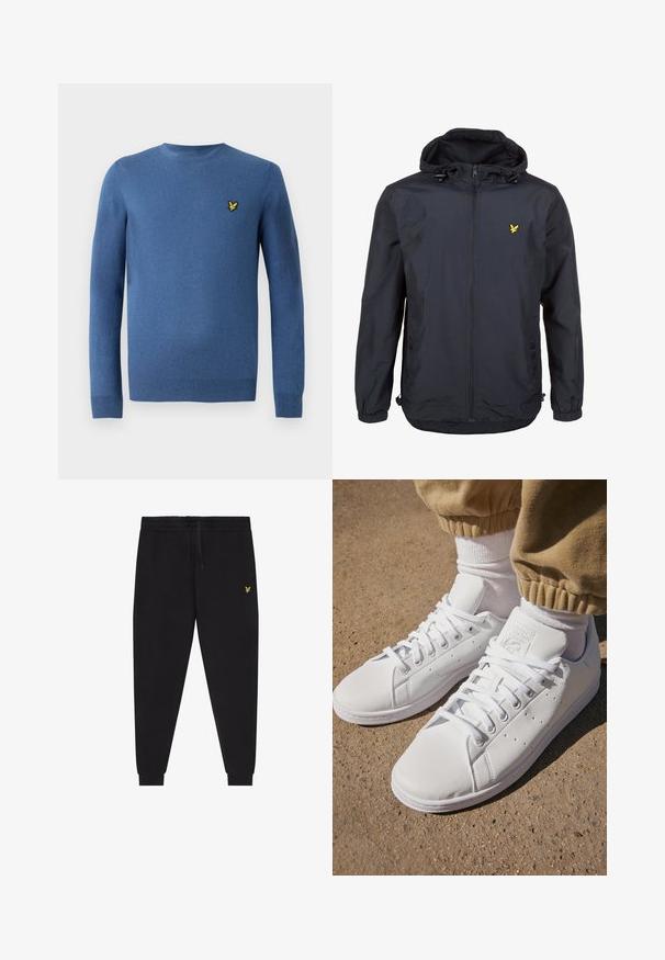 Lengvas, tamsiai mėlynos spalvos švarkas su kapišonu, užtrauktuku priekyje, reguliuojamomis virvėmis ir mažuoju geltonu logotipu kairėje krūtinės pusėje. Textūruota medžiaga.; Mėlynas apvaliame kakle viršutinis drabužis, pagamintas iš minkštos medžiagos, su ilgomis rankovėmis ir mažu geltonu išsiuvinėtu logotipu kairiajame krūtinės šone.; Juodos jogger stiliaus kelnės su elastinga juosmens juosta ir raišteliu, siaurėjančiomis kojų dalimis su apačios manžetėmis ir mažu geltonu siuvinėtu logotipu dešinėje šlaunyje.; Balti odiniai sportbačiai su lygia paviršiumi, pasižymintys klasikiniu raištelių dizainu, perforacijomis, užtikrinančiomis oro pralaidumą, ir tekstūra guminėmis padangomis.