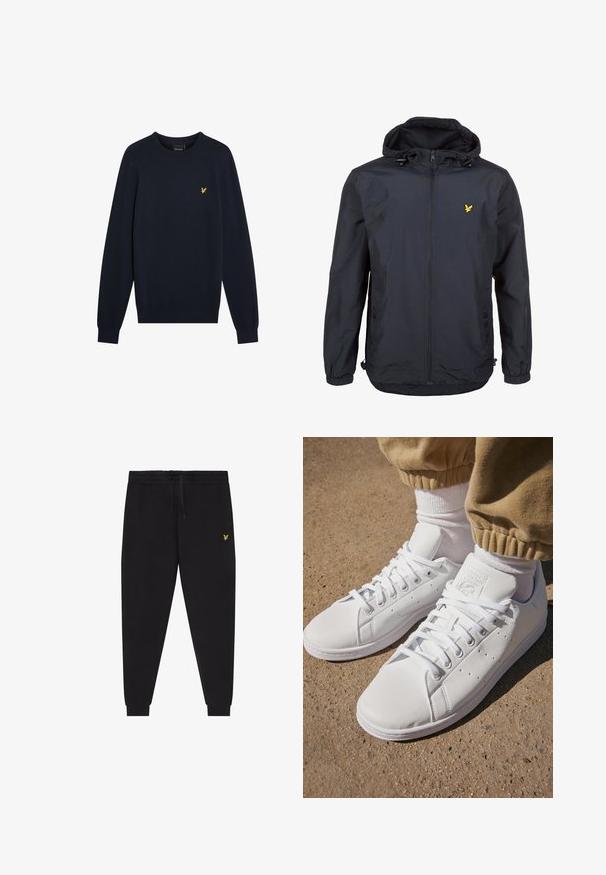 Lengvas, tamsiai mėlynos spalvos švarkas su kapišonu, užtrauktuku priekyje, reguliuojamomis virvėmis ir mažuoju geltonu logotipu kairėje krūtinės pusėje. Textūruota medžiaga.; Tamsiai mėlynas megztinis su apvalia iškirpte, ilgomis rankovėmis ir mažu geltonu erelio emblematu ant krūtinės. Lygus faktūra, prigludę rankogaliai.; Juodos jogger stiliaus kelnės su elastinga juosmens juosta ir raišteliu, siaurėjančiomis kojų dalimis su apačios manžetėmis ir mažu geltonu siuvinėtu logotipu dešinėje šlaunyje.; Balti odiniai sportbačiai su lygia paviršiumi, pasižymintys klasikiniu raištelių dizainu, perforacijomis, užtikrinančiomis oro pralaidumą, ir tekstūra guminėmis padangomis.