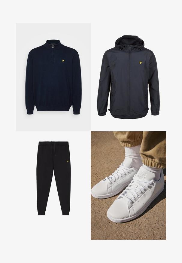 Könnyű, sötét navy kék dzseki kapucnival, cipzáras elejével, állítható zsinórokkal és egy kis sárga logóval a bal mellrészen. Texturált anyag.; Tengerészkék pulóver magas gallérral és félzáras cipzárral az elején, kötött anyagból készült. Kis sárga logó található a mellkason.; Fekete melegítőnadrág rugalmas derékpánttal és húzózsinórral, szűkített szárak mandzsettákkal, valamint kis sárga hímzett logóval a jobb combon.; Fehér bőr sportcipők sima felülettel, klasszikus fűzős kialakítással, perforációkkal a légáteresztés érdekében és texturált gumitalppal.