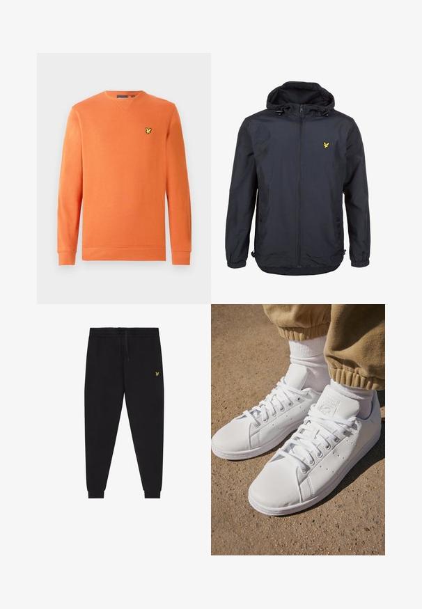 Lahka, temno modra jakna s kapuco, z zadrgo spredaj, nastavljivim vrvico in majhnim rumenim logotipom na levem prsnem delu. Teksturovana tkanina.; Oranžen pulover z dolgimi rokavi in rebrastimi manšetami, na prsih manjši rumen logotip. Iz mehkega, teksturiranega blaga.; Črne športne hlače z elastiko v pasu in vrvico za zategovanje, zožene nogavice s patentnim robom ter majhen rumen vezen logotip na desnem stegnu.; Beli usnjeni športni copati s gladko površino, z brezčasnim vezalnim dizajnom, perforacijami za zračnost in teksturiranim gumiranim podplatom.
