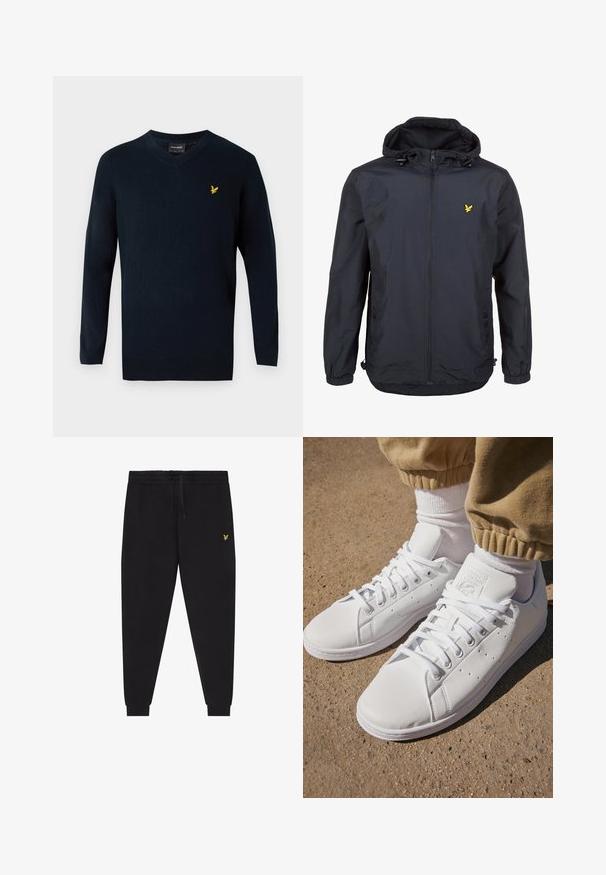 Könnyű, sötét navy kék dzseki kapucnival, cipzáras elejével, állítható zsinórokkal és egy kis sárga logóval a bal mellrészen. Texturált anyag.; Tengerészkék V nyakú pulóver, puha anyagból készült, hosszú ujjal, a bal mellrészén egy kis sárga hímzett logóval.; Fekete melegítőnadrág rugalmas derékpánttal és húzózsinórral, szűkített szárak mandzsettákkal, valamint kis sárga hímzett logóval a jobb combon.; Fehér bőr sportcipők sima felülettel, klasszikus fűzős kialakítással, perforációkkal a légáteresztés érdekében és texturált gumitalppal.