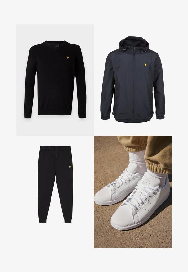 Lagani, tamnoplavi kaput s kapuljačom, zatvaračem sprijeda, podesivim kabelima i malim žutim logotipom na lijevoj strani prsnog koša. Tekstura tkanine.; Crni džemper s v-izrezom od mekog pletenog materijala, s dugim rukavima i žutim izvezenim logom na lijevoj strani prsnog koša. Jednostavan dizajn.; Crne sportske hlače s elastičnim pojasom i vezicama, suženim nogavicama s manžetama i malim žutim vezenim logotipom na desnoj bedri.; Bijele kožne tenisice s glatkom površinom, klasičnog dizajna s vezicama, s perforacijama za prozračnost i teksturiranim gumenim potplatom.