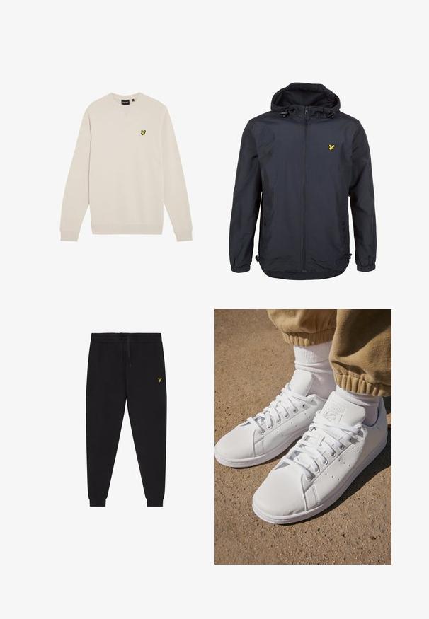 Chaqueta ligera de color azul marino oscuro con capucha, cierre frontal con cremallera, cordones ajustables y un pequeño logo amarillo en el lado izquierdo del pecho. Tejido texturizado.; Sudadera de color beige claro con mangas largas, diseño de escote en V, puños y dobladillo acanalados. Presenta un pequeño logo de un pájaro amarillo en el pecho.; Pantalones jogger negros con cintura elástica y cordón, piernas ajustadas con puños y un pequeño logo amarillo bordado en el muslo derecho.; Zapatillas de cuero blanco con superficie lisa, que presentan un diseño clásico de cordones, perforaciones para la transpirabilidad y una suela exterior de goma texturizada.