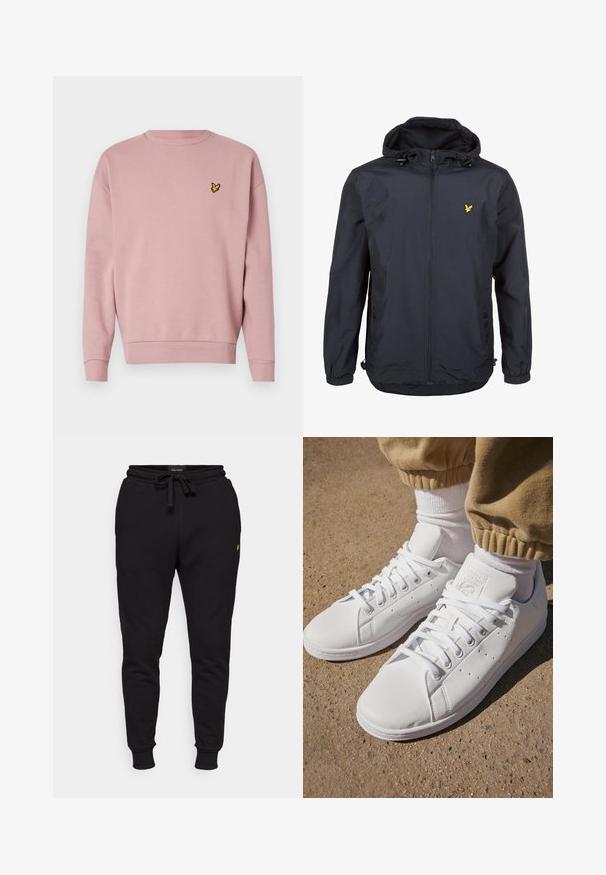 Casaco leve, de um tom azul marinho escuro, com capuz, fecho éclair na frente, cordões ajustáveis e um pequeno logótipo amarelo no lado esquerdo do peito. Tecido texturizado.; Sweatshirt rosa claro com decote redondo, punhos e barra canelados. Apresenta um pequeno logótipo amarelo bordado no canto superior esquerdo.; Calças de jogging de algodão pretas com cintura elástica, cordão e punhos canelados. Apresenta um pequeno logo amarelo na coxa esquerda.; Sapatilhas brancas de couro com uma superfície suave, apresentando um design clássico com atacadores, perfurações para respirabilidade e uma sola de borracha texturizada.