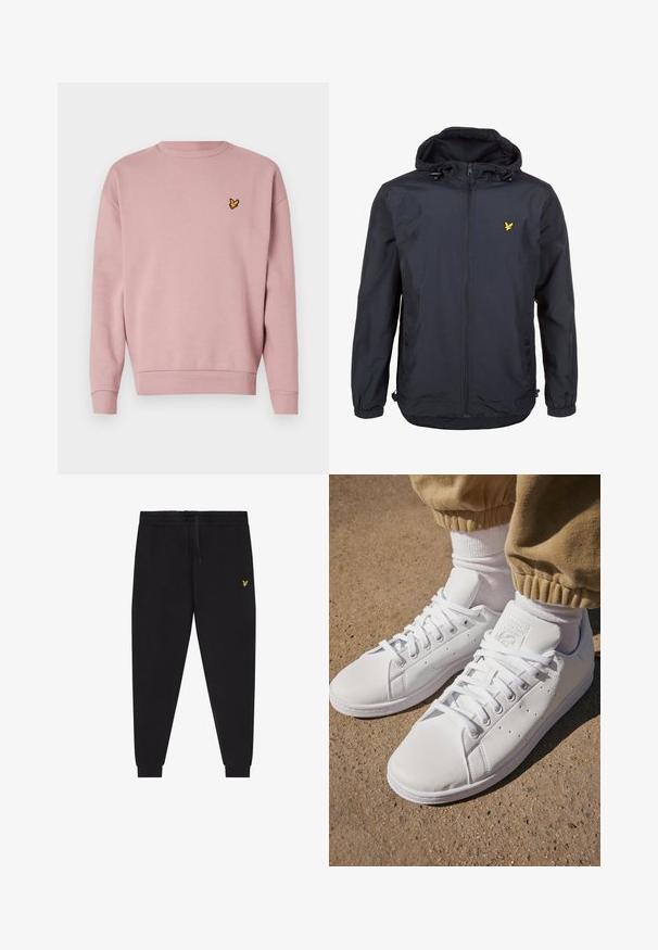 Chaqueta ligera de color azul marino oscuro con capucha, cierre frontal con cremallera, cordones ajustables y un pequeño logo amarillo en el lado izquierdo del pecho. Tejido texturizado.; Sudadera rosa claro con escote redondo, puños y dobladillo de punto acanalado. Presenta un pequeño logo bordado amarillo en la parte superior izquierda.; Pantalones jogger negros con cintura elástica y cordón, piernas ajustadas con puños y un pequeño logo amarillo bordado en el muslo derecho.; Zapatillas de cuero blanco con superficie lisa, que presentan un diseño clásico de cordones, perforaciones para la transpirabilidad y una suela exterior de goma texturizada.