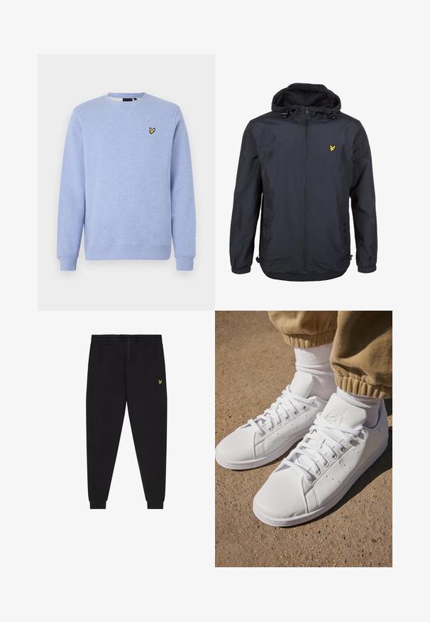 Casaco leve, de um tom azul marinho escuro, com capuz, fecho éclair na frente, cordões ajustáveis e um pequeno logótipo amarelo no lado esquerdo do peito. Tecido texturizado.; Sweatshirt azul claro feito de tecido macio. Apresenta punhos e bainha canelados, com um pequeno logótipo amarelo bordado no peito.; Calças jogger pretas com cintura elástica e cordão, pernas afuniladas com punhos e pequeno logótipo amarelo bordado na coxa direita.; Sapatilhas brancas de couro com uma superfície suave, apresentando um design clássico com atacadores, perfurações para respirabilidade e uma sola de borracha texturizada.