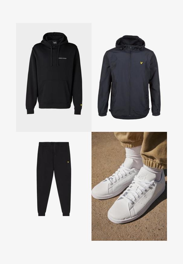 Lahka, temno modra jakna s kapuco, z zadrgo spredaj, nastavljivim vrvico in majhnim rumenim logotipom na levem prsnem delu. Teksturovana tkanina.; Črna kapuca iz bombaža z zeleni žep na sprednji strani. Ima belo besedilo logotipa na prsih in rumeni ptičji logotip na rokavu.; Bela bombažna majica s kratkimi rokavi, ki ima na levem prsnem delu majhno črno in rumeno vezeno logotip. Okrugli izrez.; Črne športne hlače z elastiko v pasu in vrvico za zategovanje, zožene nogavice s patentnim robom ter majhen rumen vezen logotip na desnem stegnu.; Beli usnjeni športni copati s gladko površino, z brezčasnim vezalnim dizajnom, perforacijami za zračnost in teksturiranim gumiranim podplatom.