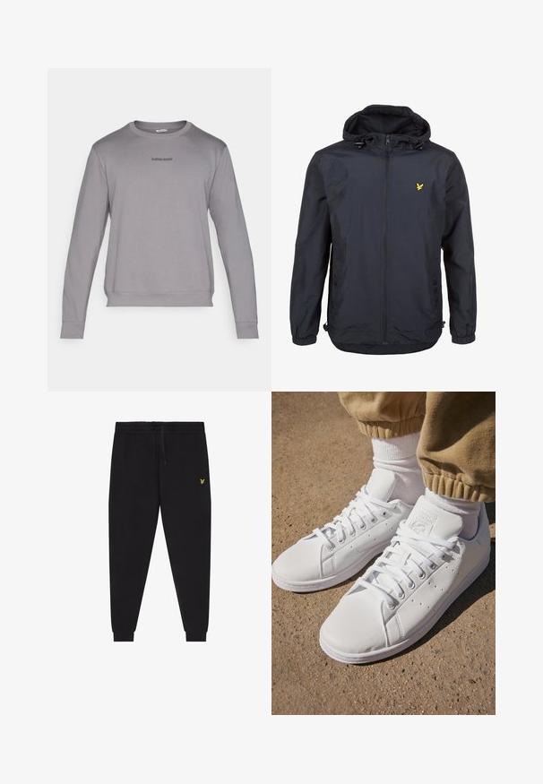 Ľahká, tmavomodrá bunda s kapucňou, zipsom na prednej strane, nastaviteľnými šnúrkami a malým žltým logom na ľavej strane hrude. Štruktúrovaná tkanina.; Sivý dlhý rukáv mikina s okrúhlym výstrihom, rebrovanými rukávmi a lemom. Obsahuje malé logo "BJÖRN BORG" tmavosivej farby na hrudi. Jemná látka.; Čierne jogger nohavice s elastickým pásom a šnúrkou, zúžené nohavice so lemami a malým žltým vyšívaným logom na pravom stehne.; Biele kožené tenisky s hladkým povrchom, disponujú klasickým šnurovacím dizajnom, perforáciami na priedušnosť a textúrovanou gumovou podrážkou.