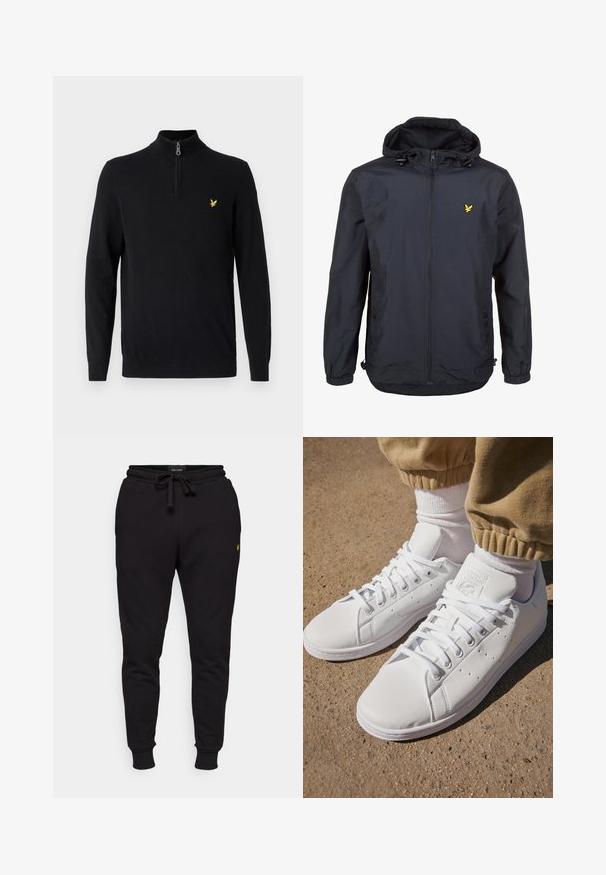 Giacca leggera di un elegante blu navy scuro con cappuccio, chiusura con zip, cordini regolabili e un piccolo logo giallo sul petto sinistro. Tessuto testurizzato.; Maglione nero con zip al collo, realizzato in un tessuto liscio, dotato di maniche lunghe e un piccolo logo giallo sul lato sinistro del petto.; Pantaloni jogger neri in cotone con vita elastica, cordoncino e polsini a coste. Presentano un piccolo logo giallo sulla coscia sinistra.; Sneakers bianchi in pelle con superficie liscia, caratterizzati da un classico design con lacci, perforazioni per la traspirabilità e una suola in gomma testurizzata.