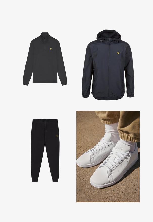 Kerge, tume navy sinine jakk kapuutsiga, tõmblukuga esipaneel, reguleeritavad nöörid ja väike kollane logo vasakul rindkere kohal. Tekstureeritud kangas.; Must musta tõmblukuga sviiter pehmest kangast, millel on püsti kaelus ja soonikkoes mansetid. Väike kollane logo vasakul rindkeres. Üldiselt sile tekstuur.; Mustad jooksupüksid elastse vöökohaga ja nööriga, kitsenevate sääreosadega, millel on mansetid, ning väike kollane tikitud logo paremal reiel.; Valged nahast tossud siledal pinnal, klassikalise paeltega kinnitusega, ventilatsiooni jaoks perforatsioonide ning tekstureeritud kummist välispinnaga.