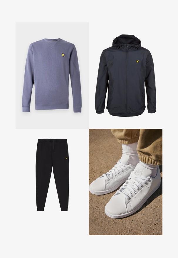 Lightweight, dark navy jacket with a hood, zippered front, adjustable drawstrings, and a small yellow logo on the left chest. Textured fabric.; Purple crew neck sweatshirt made from soft fabric, featuring ribbed cuffs and hem, with a small embroidered yellow logo on the chest.; Black jogger pants with elastic waistband and drawstring, tapered legs with cuffs, and small yellow embroidered logo on right thigh.; White leather sneakers with a smooth surface, featuring a classic lace-up design, perforations for breathability, and a textured rubber outsole.