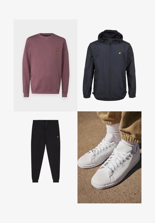 Chaqueta ligera de color azul marino oscuro con capucha, cierre frontal con cremallera, cordones ajustables y un pequeño logo amarillo en el lado izquierdo del pecho. Tejido texturizado.; Lyle & Scott Sudadera - highland mauve; Pantalones jogger negros con cintura elástica y cordón, piernas ajustadas con puños y un pequeño logo amarillo bordado en el muslo derecho.; Zapatillas de cuero blanco con superficie lisa, que presentan un diseño clásico de cordones, perforaciones para la transpirabilidad y una suela exterior de goma texturizada.