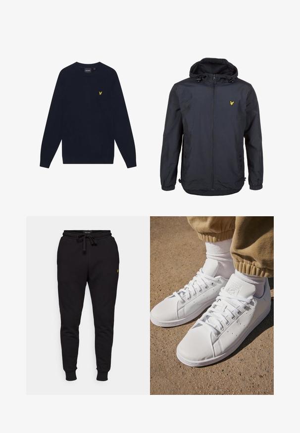 Giacca leggera di un elegante blu navy scuro con cappuccio, chiusura con zip, cordini regolabili e un piccolo logo giallo sul petto sinistro. Tessuto testurizzato.; Maglione a maniche lunghe blu navy con collo rotondo e piccolo logo ricamato di un'aquila gialla sul lato sinistro del petto.; Pantaloni jogger neri in cotone con vita elastica, cordoncino e polsini a coste. Presentano un piccolo logo giallo sulla coscia sinistra.; Sneakers bianchi in pelle con superficie liscia, caratterizzati da un classico design con lacci, perforazioni per la traspirabilità e una suola in gomma testurizzata.