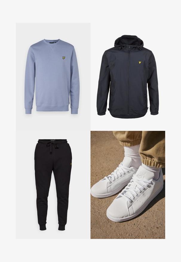 Lett, mørk marineblå jakke med hette, glidelåslukking, justerbare snorer og en liten gul logo på venstre bryst. Teksturert stoff.; Lyle & Scott CREW NECK - Sweatshirt - crafted blue; Sorte bomulls joggebukser med elastisk midje, snor og ribbestrikkede mansjetter. Har en liten gul logo på venstre lår.; Hvite lær sneakers med en glatt overflate, med et klassisk snøresystem, perforeringer for pusteevne, og en teksturert gummiyttersåle.