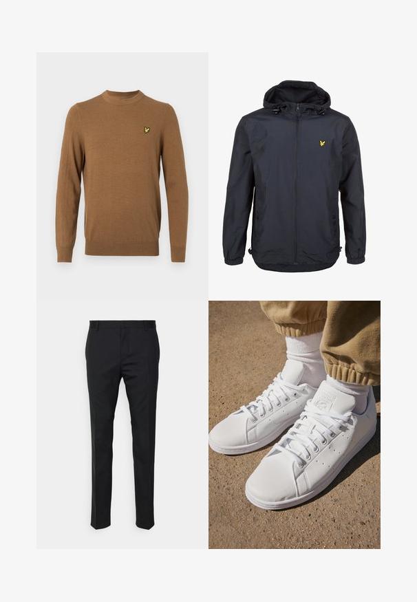 Lengvas, tamsiai mėlynos spalvos švarkas su kapišonu, užtrauktuku priekyje, reguliuojamomis virvėmis ir mažuoju geltonu logotipu kairėje krūtinės pusėje. Textūruota medžiaga.; Rudas megztinis su ilgomis rankovėmis, apvaliu iškirpimu ir mažu geltonu logotipu ant krūtinės. Minkšta tekstūra ir klasikinis fasonas.; Juodos pritaikytos kelnės su tiesiu siluetu, pagamintos iš sklandžios medžiagos. Turi diržo kilpas ir raukšlių detalę priekyje.; Balti odiniai sportbačiai su lygia paviršiumi, pasižymintys klasikiniu raištelių dizainu, perforacijomis, užtikrinančiomis oro pralaidumą, ir tekstūra guminėmis padangomis.