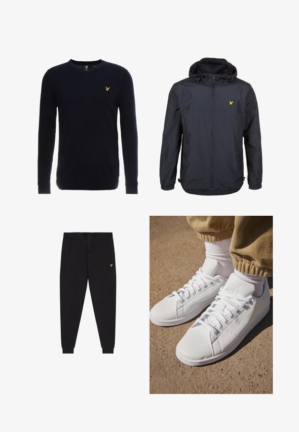 Lichte, donkerblauwe jas met capuchon, ritssluiting aan de voorkant, verstelbare trekkoorden en een klein geel logo op de linkerborst. Gestructureerde stof.; Lyle & Scott V NECK - Trui - dark navy; Zwarte joggingsbroek met elastische taille en trekkoord, taps toelopende pijpen met boorden en een klein geel geborduurd logo op de rechterdij.; Witte leren sneakers met een gladde oppervlakte, met een klassieke vetersluiting, perforaties voor ademend vermogen en een gestructureerde rubberen buitenzool.
