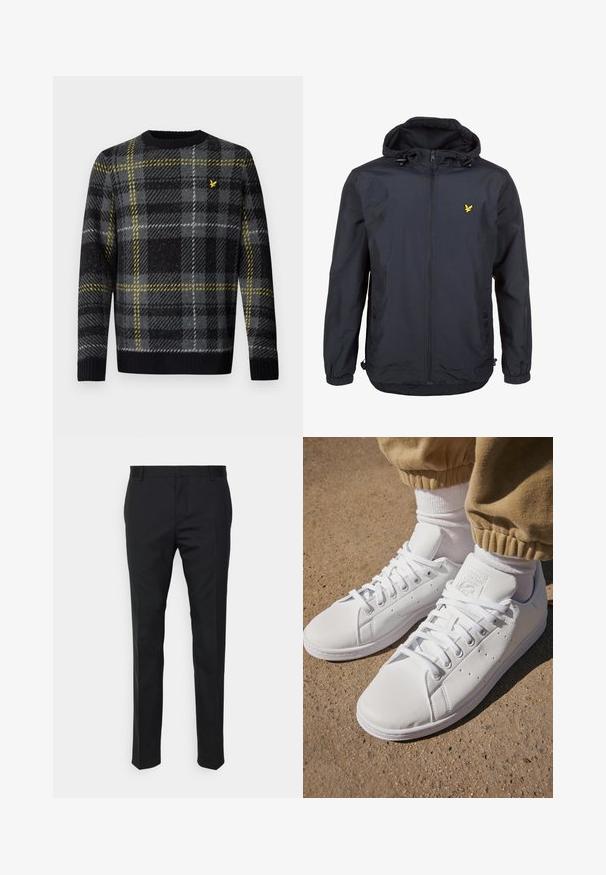 Jachetă ușoară, de culoare albastru închis, cu glugă, deschidere cu fermoar, șnururi ajustabile și un mic logo galben pe pieptul stâng. Material texturat.; Pulover în carouri negre, gri și albe cu accente galbene, cu guler și manșete ribb, fabricat dintr-un material moale, având un detaliu cu logo pe piept.; Pantaloni negri, croiți, cu o potrivire dreaptă, dintr-un material neted. Au curea de brâu și detaliu de pliuri pe față.; Adidași din piele albă cu o suprafață netedă, având un design clasic cu șireturi, perforații pentru ventilație și o talpă exterioară din cauciuc texturat.