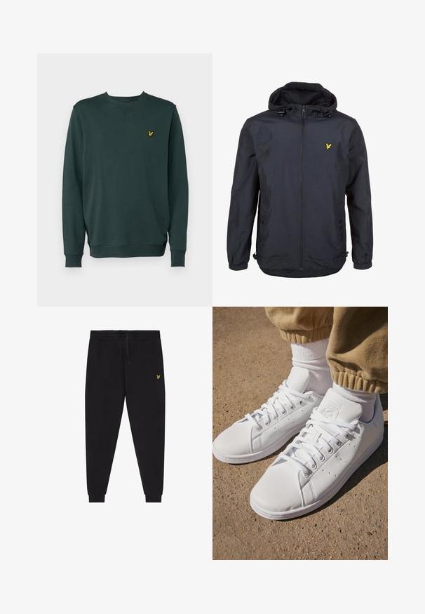 Lehká, tmavě modrá bunda s kapucí, zipem vpředu, nastavovacími šňůrkami a malým žlutým logem na levé hrudi. Texturovaná tkanina.; Tmavě zelená mikina s dlouhými rukávy, žebrovanými manžetami a kulatým výstřihem. Obsahuje malé žluté vyšívané logo na levé straně hrudi.; Černé teplákové kalhoty s elastickým pasem a stahovací šňůrkou, zúžené nohavice s manžetami a malým žlutým vyšívaným logem na pravém stehně.; Bílé kožené tenisky s hladkým povrchem, které mají klasický design na šněrování, perforace pro prodyšnost a jemně strukturovanou gumovou podrážku.