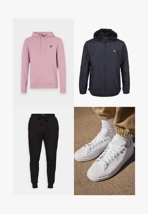 Giacca leggera di un elegante blu navy scuro con cappuccio, chiusura con zip, cordini regolabili e un piccolo logo giallo sul petto sinistro. Tessuto testurizzato.; Felpa rosa in cotone con tasca a marsupio, cappuccio con cordino e un piccolo logo giallo sul lato sinistro del petto. Texture morbida, design casual.; Pantaloni jogger neri in cotone con vita elastica, cordoncino e polsini a coste. Presentano un piccolo logo giallo sulla coscia sinistra.; Sneakers bianchi in pelle con superficie liscia, caratterizzati da un classico design con lacci, perforazioni per la traspirabilità e una suola in gomma testurizzata.