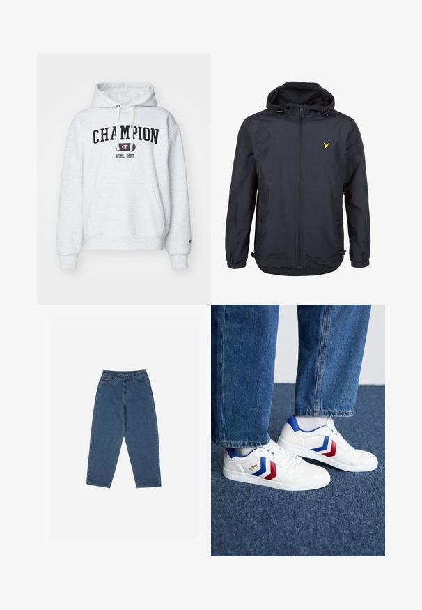 Könnyű, sötét navy kék dzseki kapucnival, cipzáras elejével, állítható zsinórokkal és egy kis sárga logóval a bal mellrészen. Texturált anyag.; Világosszürke kapucnis felső elülső zsebbel, állítható húzózsinórral, és fekete "CHAMPION ATHL. DEPT." grafikával a mellkason. Puha tapintású.; Kék farmernadrág, laza szabással, magas derékkal, öt zsebes kialakítással és varrási díszítésekkel. Gombos és cipzáros záródással rendelkezik.; Fehér sportcipő kék és piros chevron díszítéssel, textúrált bőr, kerek orr és lapos gumitalp, kék farmernadrággal párosítva.