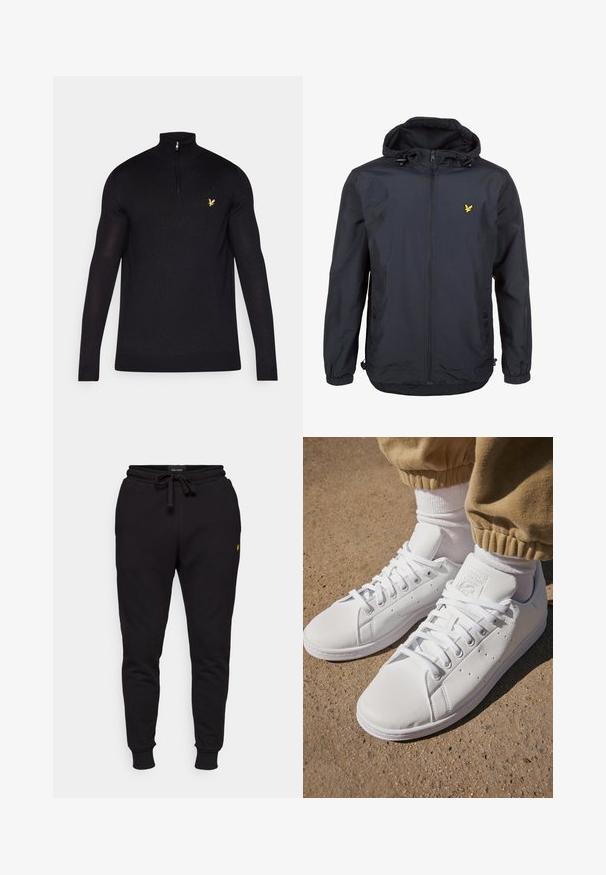 Chaqueta ligera de color azul marino oscuro con capucha, cierre frontal con cremallera, cordones ajustables y un pequeño logo amarillo en el lado izquierdo del pecho. Tejido texturizado.; Sudadera negra con cremallera hecha de una tela suave, con un cuello alto y mangas largas. Pequeño logo amarillo en la parte izquierda del pecho.; Pantalones jogger de algodón negro con cintura elástica, cordón y puños acanalados. Presenta un pequeño logo amarillo en el muslo izquierdo.; Zapatillas de cuero blanco con superficie lisa, que presentan un diseño clásico de cordones, perforaciones para la transpirabilidad y una suela exterior de goma texturizada.