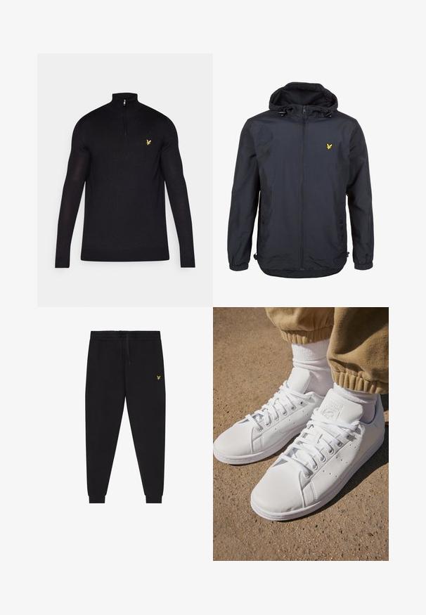 Könnyű, sötét navy kék dzseki kapucnival, cipzáras elejével, állítható zsinórokkal és egy kis sárga logóval a bal mellrészen. Texturált anyag.; Fekete, sima anyagból készült, cipzáros pulóver, magas gallérral és hosszú ujjakkal. Kicsi sárga logó a bal mellkas területen.; Fekete melegítőnadrág rugalmas derékpánttal és húzózsinórral, szűkített szárak mandzsettákkal, valamint kis sárga hímzett logóval a jobb combon.; Fehér bőr sportcipők sima felülettel, klasszikus fűzős kialakítással, perforációkkal a légáteresztés érdekében és texturált gumitalppal.