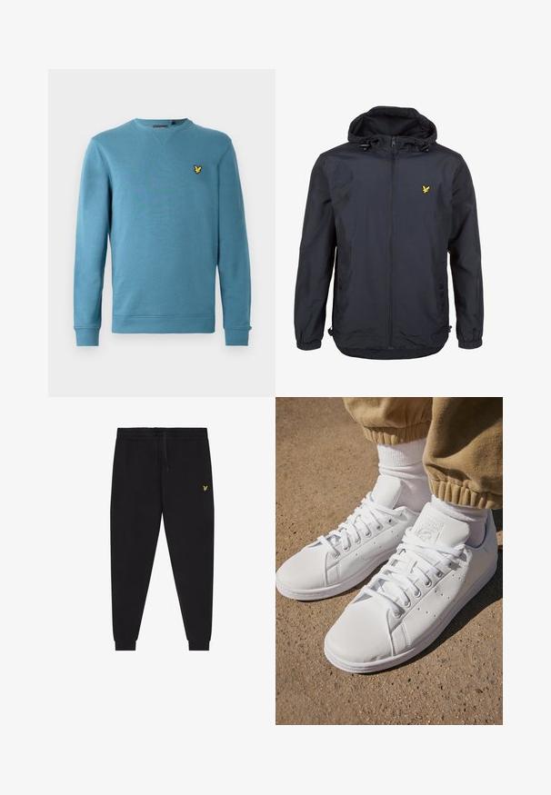 Lightweight, dark navy jacket with a hood, zippered front, adjustable drawstrings, and a small yellow logo on the left chest. Textured fabric.; Light blue crewneck sweatshirt made of a soft material featuring ribbed cuffs and hem, with a small yellow embroidered logo on the chest.; Black jogger pants with elastic waistband and drawstring, tapered legs with cuffs, and small yellow embroidered logo on right thigh.; White leather sneakers with a smooth surface, featuring a classic lace-up design, perforations for breathability, and a textured rubber outsole.