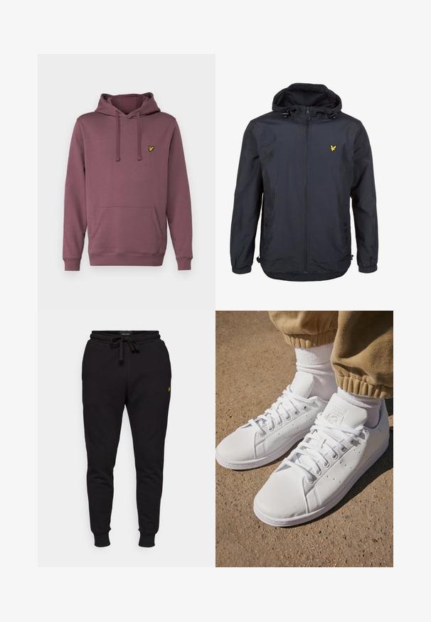 Giacca leggera di un elegante blu navy scuro con cappuccio, chiusura con zip, cordini regolabili e un piccolo logo giallo sul petto sinistro. Tessuto testurizzato.; Felpa a cappuccio color bordeaux in tessuto misto cotone, con tasca a marsupio, cappuccio regolabile con lacci e un piccolo logo giallo sul petto.; Pantaloni jogger neri in cotone con vita elastica, cordoncino e polsini a coste. Presentano un piccolo logo giallo sulla coscia sinistra.; Sneakers bianchi in pelle con superficie liscia, caratterizzati da un classico design con lacci, perforazioni per la traspirabilità e una suola in gomma testurizzata.