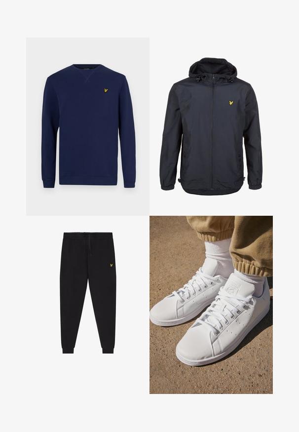 Kerge, tume navy sinine jakk kapuutsiga, tõmblukuga esipaneel, reguleeritavad nöörid ja väike kollane logo vasakul rindkere kohal. Tekstureeritud kangas.; Tumed sinine dressipluus pikkade varrukatega, ümar kaelus ja väike kollane tikand rindkere piirkonnas. Valmistatud pehmest puuvillast materjalist.; Mustad jooksupüksid elastse vöökohaga ja nööriga, kitsenevate sääreosadega, millel on mansetid, ning väike kollane tikitud logo paremal reiel.; Valged nahast tossud siledal pinnal, klassikalise paeltega kinnitusega, ventilatsiooni jaoks perforatsioonide ning tekstureeritud kummist välispinnaga.