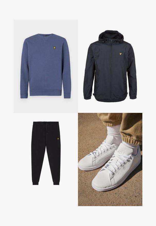 Lightweight, dark navy jacket with a hood, zippered front, adjustable drawstrings, and a small yellow logo on the left chest. Textured fabric.; Blue sweatshirt with a round neckline, long sleeves, ribbed cuffs, and a small yellow logo on the left chest. Soft cotton material.; Black jogger pants with elastic waistband and drawstring, tapered legs with cuffs, and small yellow embroidered logo on right thigh.; White leather sneakers with a smooth surface, featuring a classic lace-up design, perforations for breathability, and a textured rubber outsole.