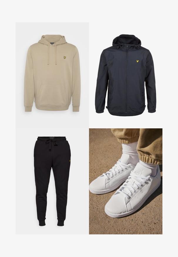 Könnyű, sötét navy kék dzseki kapucnival, cipzáras elejével, állítható zsinórokkal és egy kis sárga logóval a bal mellrészen. Texturált anyag.; Lyle & Scott Melegítőfelső - sage; Fekete pamut jogger nadrág rugalmas derékkal, zsinórral és bordázott mandzsettákkal. Bal combján egy kis sárga logó található.; Fehér bőr sportcipők sima felülettel, klasszikus fűzős kialakítással, perforációkkal a légáteresztés érdekében és texturált gumitalppal.