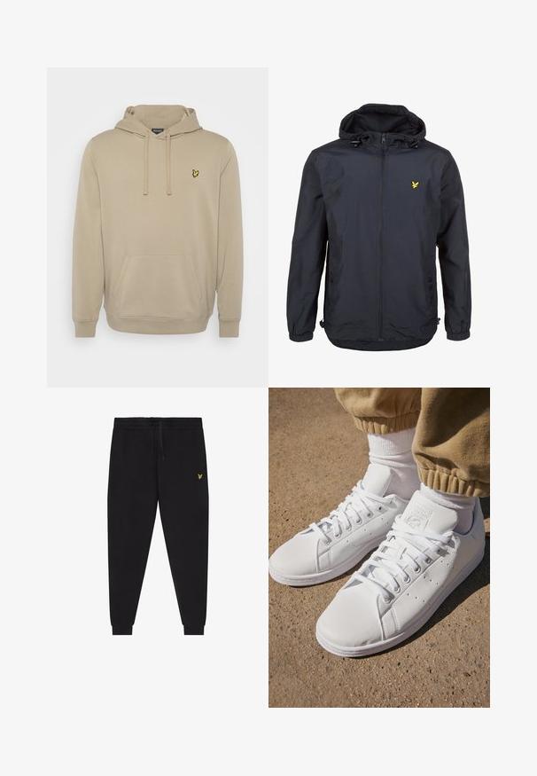 Casaco leve, de um tom azul marinho escuro, com capuz, fecho éclair na frente, cordões ajustáveis e um pequeno logótipo amarelo no lado esquerdo do peito. Tecido texturizado.; Lyle & Scott Camisola - sage; Calças jogger pretas com cintura elástica e cordão, pernas afuniladas com punhos e pequeno logótipo amarelo bordado na coxa direita.; Sapatilhas brancas de couro com uma superfície suave, apresentando um design clássico com atacadores, perfurações para respirabilidade e uma sola de borracha texturizada.