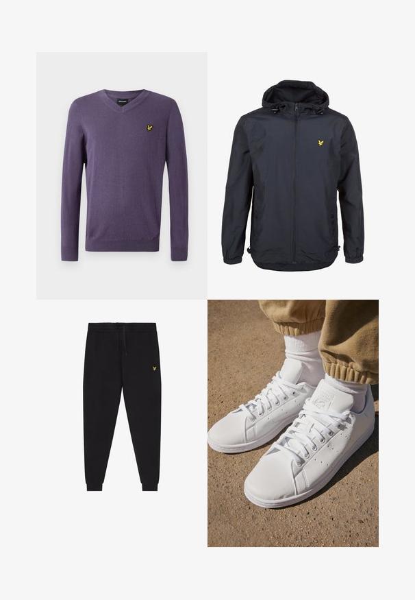 Kevyt, tummansininen takki, jossa on huppu, vetoketjullinen etuosa, säädettävät nyöritykset ja pieni keltainen logo vasemmassa rinnassa. Tekstuuri kangast.; V-henkoinen violetti neule, joka on valmistettu pehmeästä kankaasta. Siinä on pitkät hihat ja pieni kultainen lintu-logo vasemmassa rinnassa.; Musta lenkkihousut, joissa on joustava vyötärönauha ja kiristysnauha, kapeutetut lahkeet kalvosimilla sekä pieni keltainen kirjailtu logo oikeassa reidessä.; Valkoiset nahkakengät, joissa on sileä pinta, klassinen nauhakiinnitys, reikärakenteet hengittävyyden parantamiseksi ja karkea kumipohja.