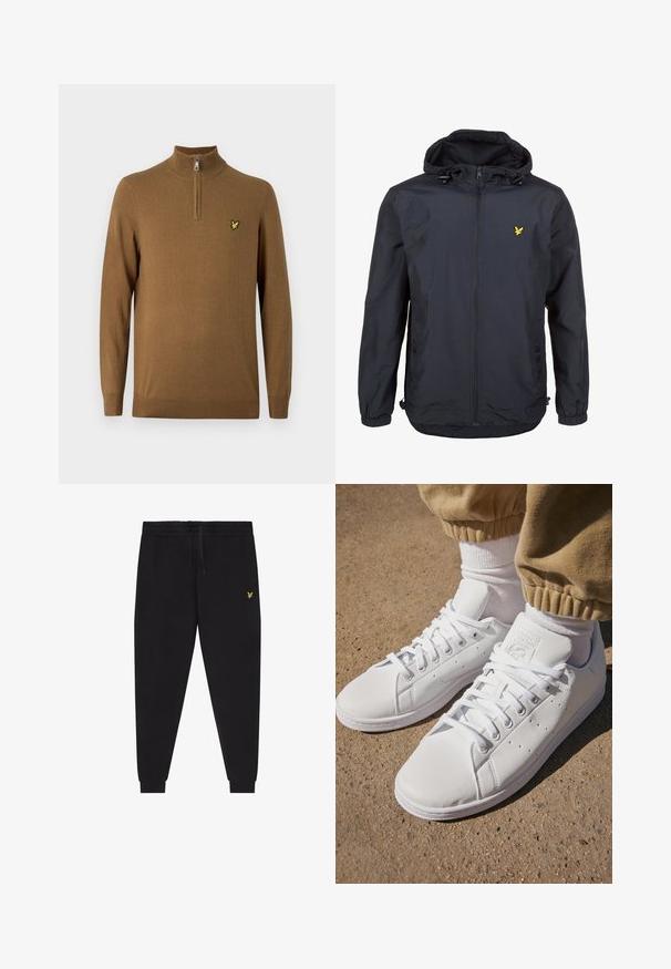 Könnyű, sötét navy kék dzseki kapucnival, cipzáras elejével, állítható zsinórokkal és egy kis sárga logóval a bal mellrészen. Texturált anyag.; Lyle & Scott QUARTER ZIP - Pulóver - wild nettle; Fekete melegítőnadrág rugalmas derékpánttal és húzózsinórral, szűkített szárak mandzsettákkal, valamint kis sárga hímzett logóval a jobb combon.; Fehér bőr sportcipők sima felülettel, klasszikus fűzős kialakítással, perforációkkal a légáteresztés érdekében és texturált gumitalppal.