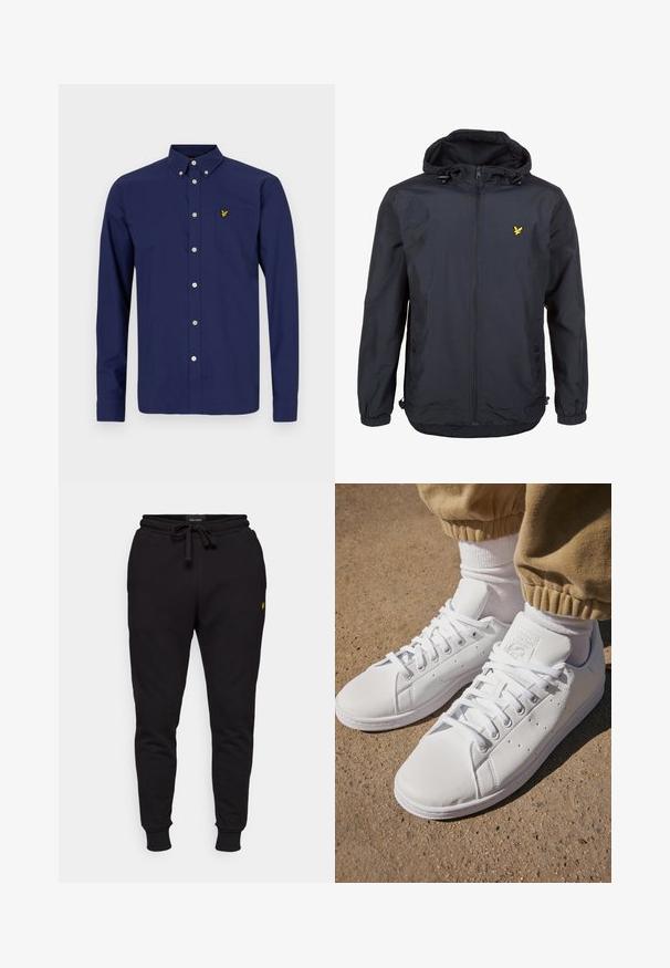 Ελαφρύ, σκούρο ναυτικό μπουφάν με κουκούλα, μπροστινό φερμουάρ, ρυθμιζόμενα κορδόνια και μικρό κίτρινο λογότυπο στο αριστερό στήθος. Υφασμάτινη επιφάνεια.; Μπλέ σκούρο πουκάμισο μακρύ μανίκι από βαμβάκι, με γιακά που κουμπώνει, εμπρόσθια τσέπη και μικρό κίτρινο λογότυπο στο στήθος.; Μαύρο βαμβακερό παντελόνι φόρμας με ελαστική μέση, κορδόνι και πλεκτές μανσέτες. Διαθέτει ένα μικρό κίτρινο λογότυπο στον αριστερό μηρό.; Λευκά δερμάτινα sneakers με λεία επιφάνεια, διαθέτοντας κλασικό σχέδιο με κορδόνια, τρυπήματα για αναπνοή και υφασμάτινη λαστιχένια σόλα.