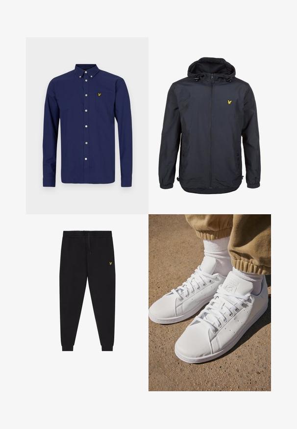 Lekka, ciemnogranatowa kurtka z kapturem, zapinana na zamek, z regulowanymi sznurkami i małym żółtym logo na lewej piersi. Teksturowana tkanina.; Granatowa koszula z długim rękawem, wykonana z bawełny, z kołnierzykiem zapinanym na guziki, przednią kieszonką i małym żółtym logo na klatce piersiowej.; Czarne spodnie dresowe z elastycznym pasem i sznurkiem, zwężane nogawki z mankietami oraz małe żółte haftowane logo na prawej udzie.; Białe skórzane sneakersy o gładkiej powierzchni, z klasycznym sznurowaniem, perforacjami zapewniającymi oddychalność oraz teksturowaną gumową podeszwą.