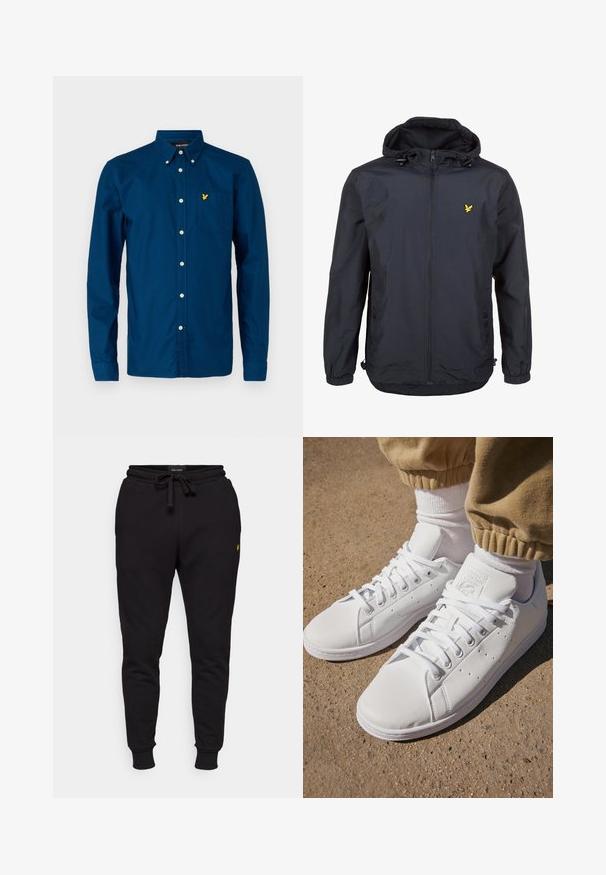 Giacca leggera di un elegante blu navy scuro con cappuccio, chiusura con zip, cordini regolabili e un piccolo logo giallo sul petto sinistro. Tessuto testurizzato.; Lyle & Scott PLAIN - Camicia - apres navy; Pantaloni jogger neri in cotone con vita elastica, cordoncino e polsini a coste. Presentano un piccolo logo giallo sulla coscia sinistra.; Sneakers bianchi in pelle con superficie liscia, caratterizzati da un classico design con lacci, perforazioni per la traspirabilità e una suola in gomma testurizzata.