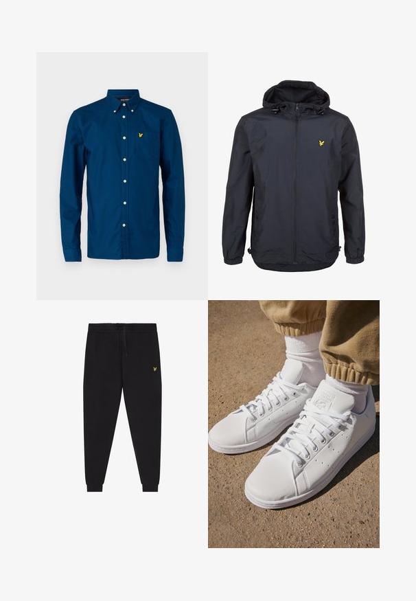 Casaco leve, de um tom azul marinho escuro, com capuz, fecho éclair na frente, cordões ajustáveis e um pequeno logótipo amarelo no lado esquerdo do peito. Tecido texturizado.; Lyle & Scott PLAIN - Camisa - apres navy; Calças jogger pretas com cintura elástica e cordão, pernas afuniladas com punhos e pequeno logótipo amarelo bordado na coxa direita.; Sapatilhas brancas de couro com uma superfície suave, apresentando um design clássico com atacadores, perfurações para respirabilidade e uma sola de borracha texturizada.