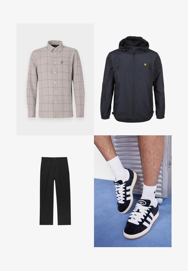 Giacca leggera di un elegante blu navy scuro con cappuccio, chiusura con zip, cordini regolabili e un piccolo logo giallo sul petto sinistro. Tessuto testurizzato.; Camicia a righe in beige e marrone, con maniche lunghe, colletto e un piccolo logo ricamato sulla tasca del petto.; Pantaloni neri con un design a gamba dritta, realizzati in un tessuto liscio. Presentano pieghe frontali e una chiusura a un bottone in vita.; Sneakers in suede nero con lacci bianchi e tre strisce bianche. Presentano un logo circolare nero sulla linguetta e una suola in gomma color gomma.