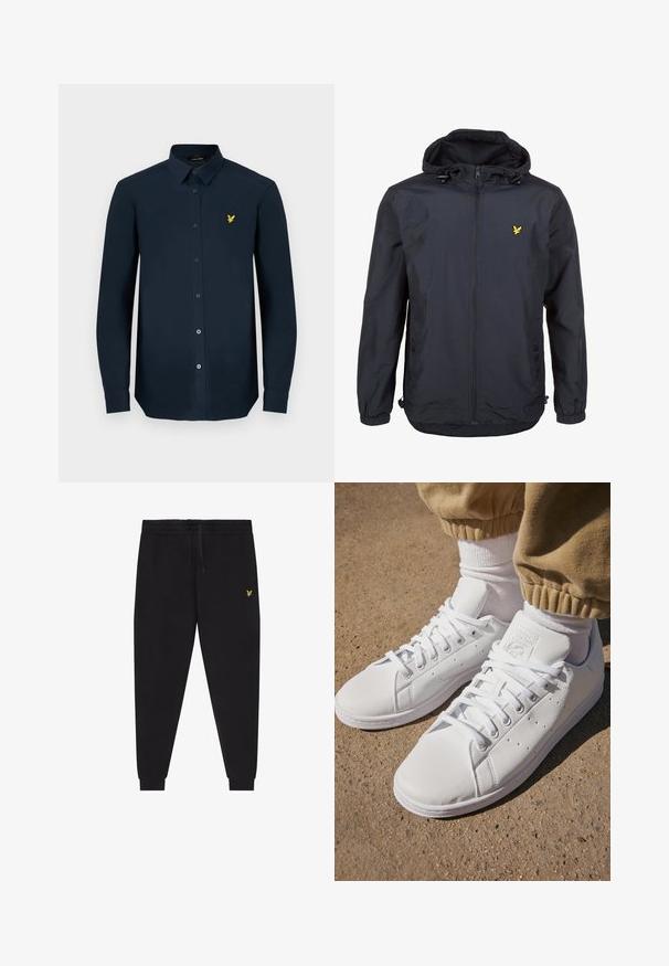 Giacca leggera di un elegante blu navy scuro con cappuccio, chiusura con zip, cordini regolabili e un piccolo logo giallo sul petto sinistro. Tessuto testurizzato.; Camicia a maniche lunghe blu navy realizzata in tessuto morbido, con chiusura frontale a bottoni, colletto a punta e un piccolo logo ricamato giallo sul petto.; Pantaloni jogger neri con vita elasticizzata e coulisse, gambe affusolate con polsini e piccolo logo giallo ricamato sulla coscia destra.; Sneakers bianchi in pelle con superficie liscia, caratterizzati da un classico design con lacci, perforazioni per la traspirabilità e una suola in gomma testurizzata.