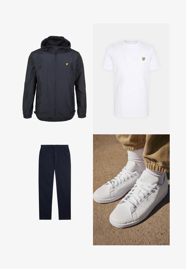 Veste légère, bleu marine foncé, avec capuche, fermeture éclair sur le devant, cordons de serrage ajustables et un petit logo jaune sur la poitrine gauche. Tissu texturé.; T-shirt en coton blanc arborant un petit logo brodé noir et jaune sur la poitrine gauche. Manches courtes et col rond.; Chinos bleu marine en coton, avec une coupe droite, des poches avant et une fermeture à bouton. Texture lisse avec un minimum de détails.; Baskets en cuir blanc avec une surface lisse, présentant un design classique à lacets, des perforations pour la respirabilité et une semelle extérieure en caoutchouc texturé.