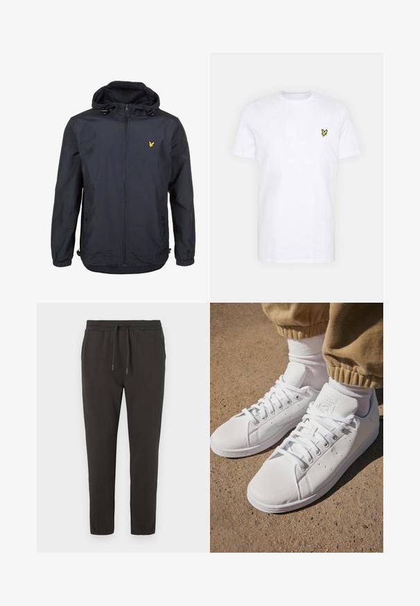 Lättviktsjacka i mörk marinblått med huva, zippered front, justerbara dragsnören och en liten gul logotyp på vänster bröst. Strukturerad tyg.; Vit bomulls-T-shirt med en liten svart och gul broderad logotyp på vänster bröst. Korta ärmar och rundad halsringning.; Mörkgrå mjukisbyxor i mjukt tyg, med resårmidja och dragsko, avsmalnande ben och elastiska muddar vid anklarna.; Vita lädersneakers med en slät yta, med en klassisk snörningsdesign, perforeringar för andningsförmåga och en texturerad gummisula.