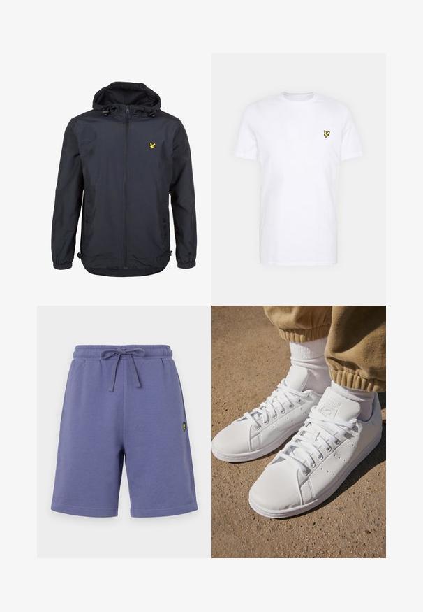 Lett, mørk marineblå jakke med hette, glidelåslukking, justerbare snorer og en liten gul logo på venstre bryst. Teksturert stoff.; Hvit bomulls T-skjorte med en liten svart og gul brodert logo på venstre bryst. Korte ermer og rund hals.; Lilla bomullsshorts med elastisk midjebånd og snøring. Har side lommer og en liten gul logo på venstre bein.; Hvite lær sneakers med en glatt overflate, med et klassisk snøresystem, perforeringer for pusteevne, og en teksturert gummiyttersåle.