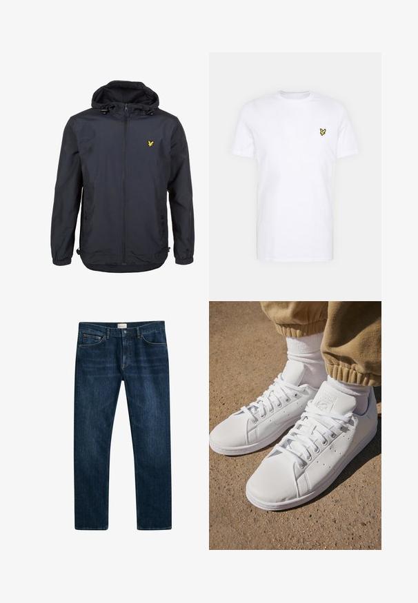 Lehká, tmavě modrá bunda s kapucí, zipem vpředu, nastavovacími šňůrkami a malým žlutým logem na levé hrudi. Texturovaná tkanina.; Bílý bavlněný tričko s malým černým a žlutým vyšitým logem na levé hrudi. Krátké rukávy a kulatý výstřih.; Tmavě modré denimové džíny se střihém rovné nohavice, zapínáním na knoflík a zip a s předními kapsami. Hladká textura a minimální vyblednutí.; Bílé kožené tenisky s hladkým povrchem, které mají klasický design na šněrování, perforace pro prodyšnost a jemně strukturovanou gumovou podrážku.