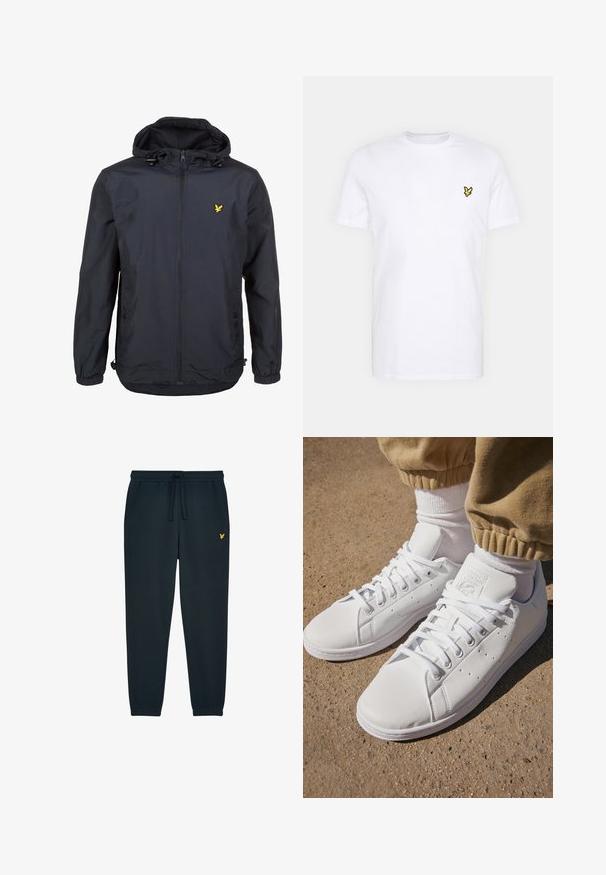 Lekka, ciemnogranatowa kurtka z kapturem, zapinana na zamek, z regulowanymi sznurkami i małym żółtym logo na lewej piersi. Teksturowana tkanina.; Biała bawełniana koszulka z krótkim rękawem, z małym czarnym i żółtym haftowanym logo na lewej piersi. Okrągły dekolt.; Ciemnoniebieskie spodnie dresowe wykonane z miękkiego materiału, z elastycznym paskiem na sznurku, zwężanymi nogawkami i małym żółtym logo na lewej udzie.; Białe skórzane sneakersy o gładkiej powierzchni, z klasycznym sznurowaniem, perforacjami zapewniającymi oddychalność oraz teksturowaną gumową podeszwą.